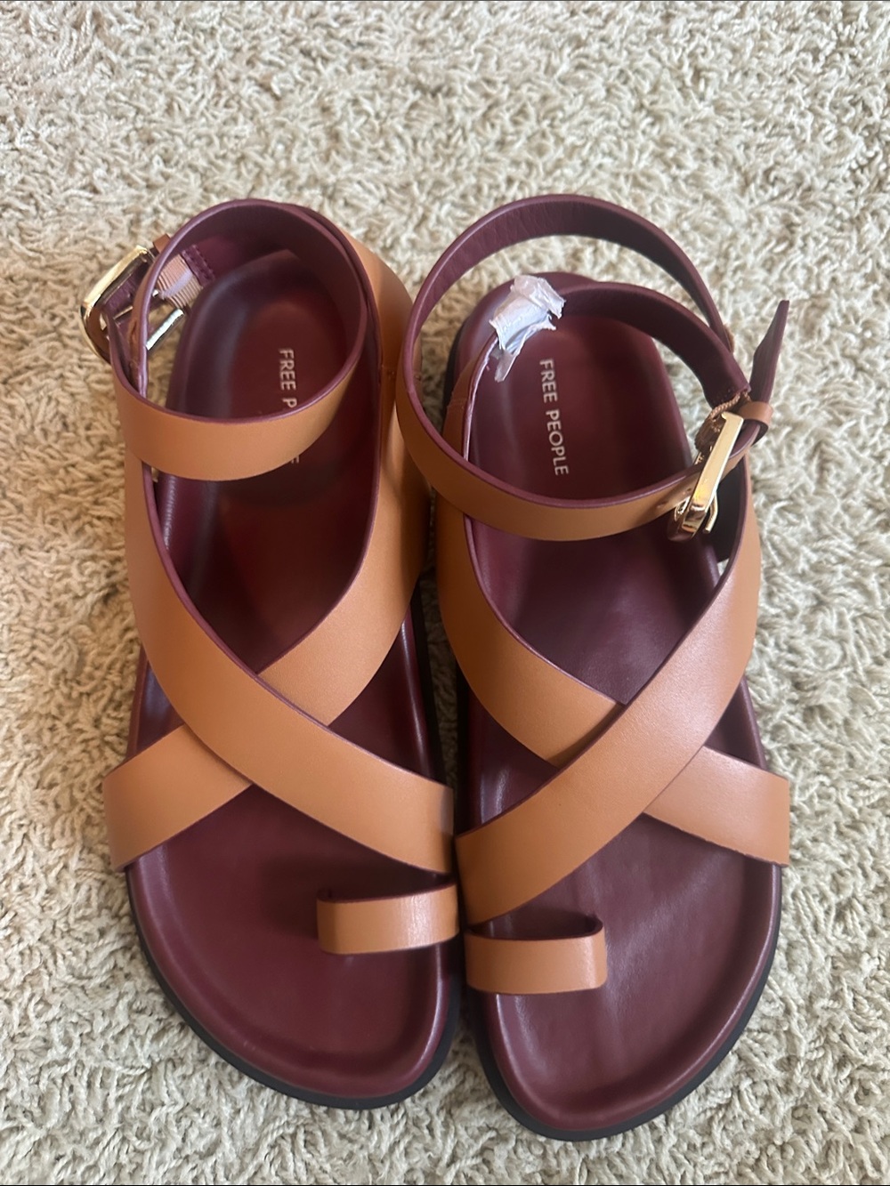 Free People Tan Leather Cross-Strap Sandals with Burgundy Footbed